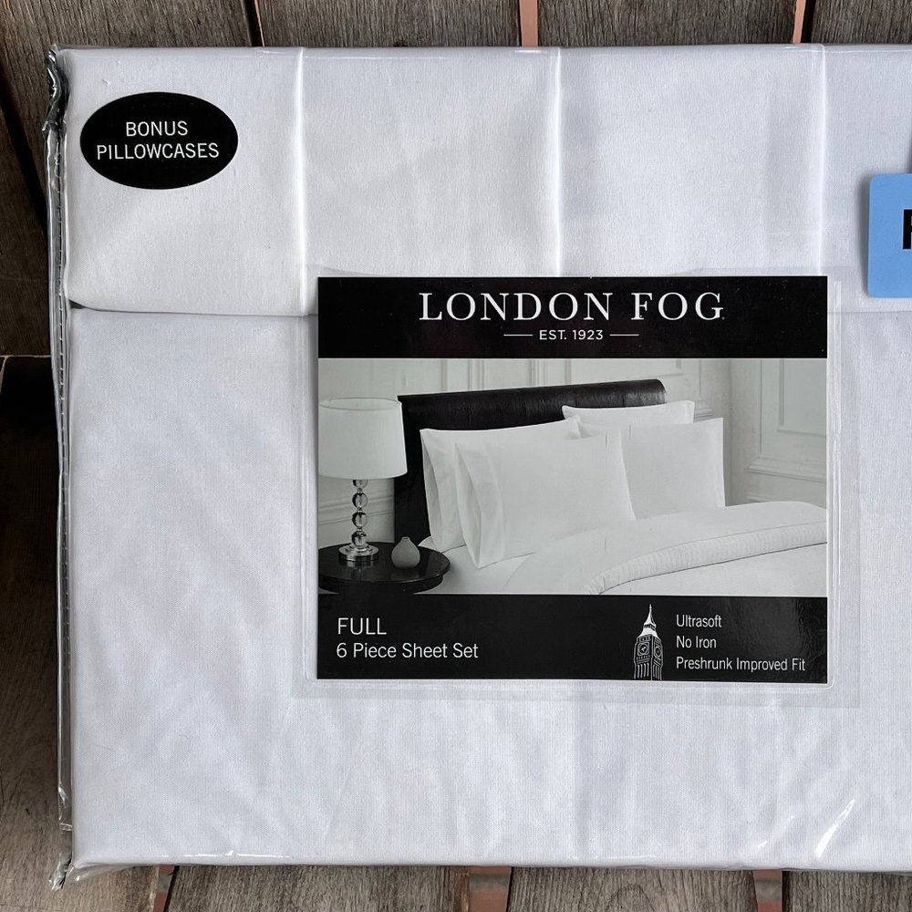 6-pc London Fog FULL Sheet Set - SOLID WHITE / 2 BONUS pillowcases